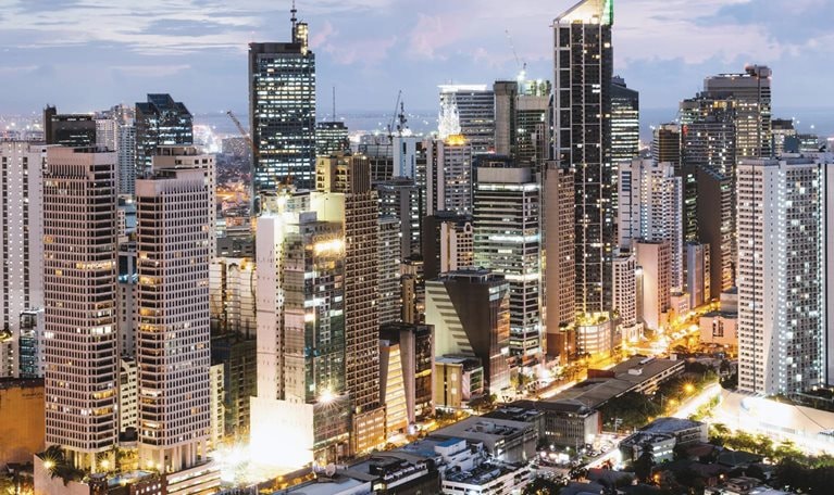 Makati skyline at dusk, Manila, Philippines