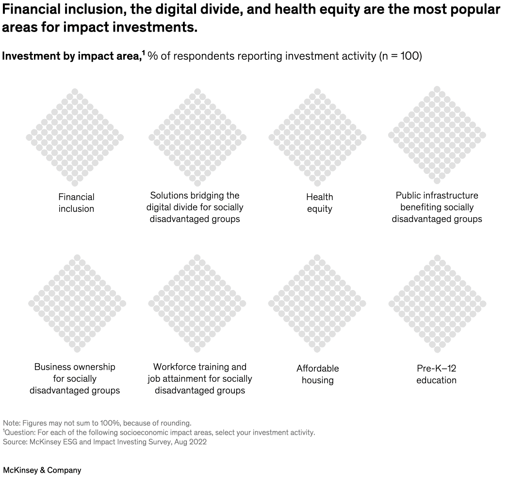 Financial inclusion, the digital divide, and health equity are the most popular areas for impact investments.