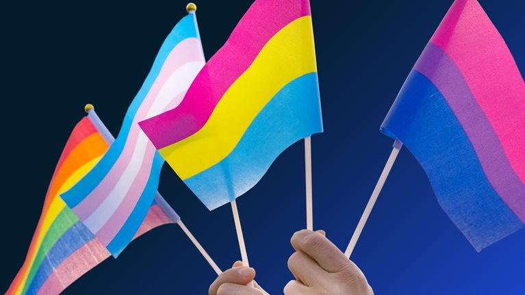 Hands holding pride flags in the sky