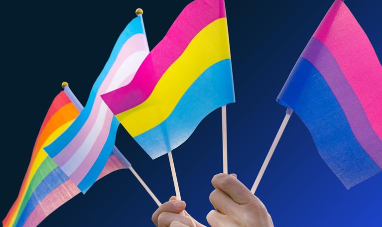 Hands holding pride flags in the sky