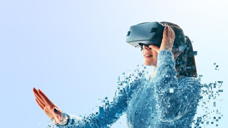 A woman disintegrating while looking into a virtual reality headset