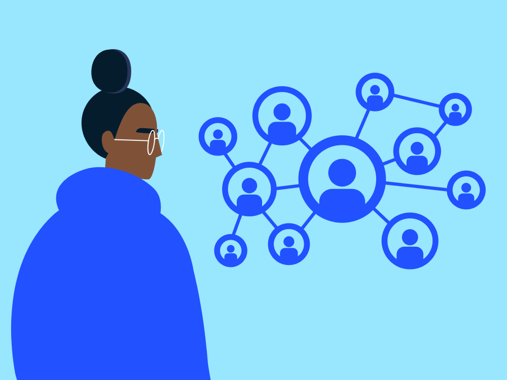 woman with glasses looking at organization connections - illustration