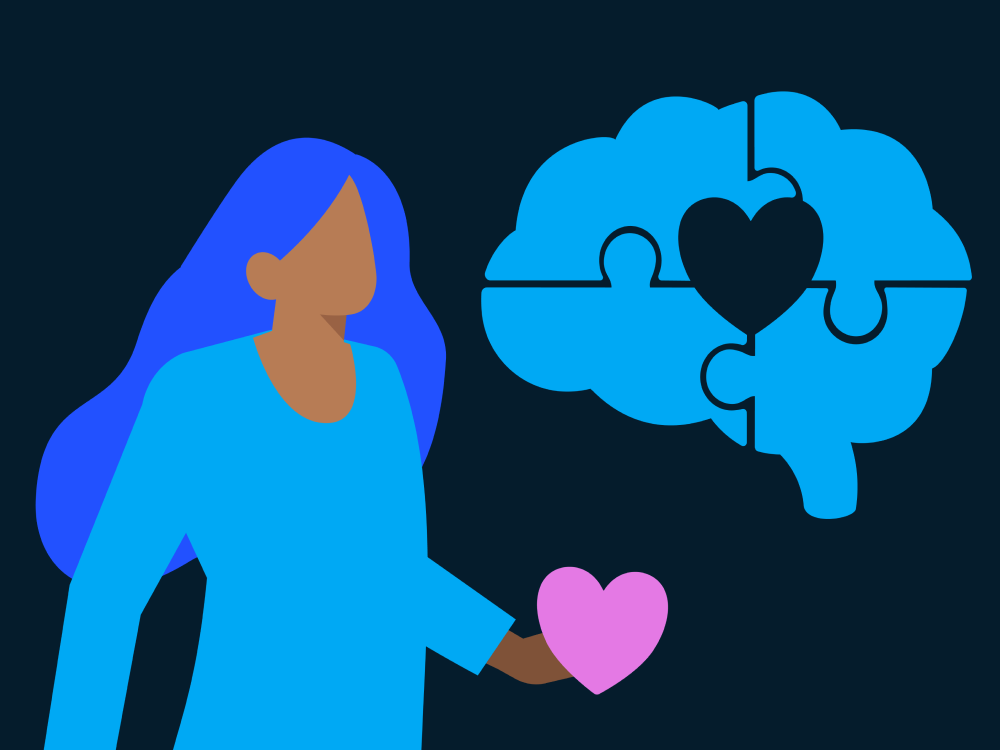 woman holding heart puzzle piece to brain puzzle - illustration