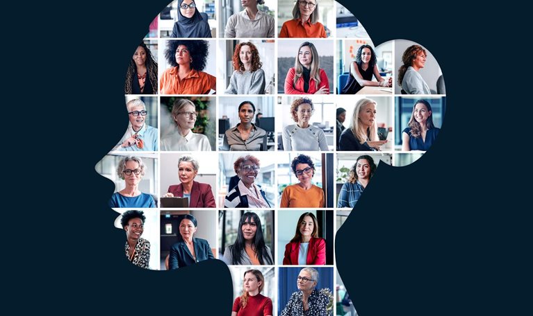 A silhouette image featuring photos of diverse women of all ages and background. This year marks the 10th anniversary of the annual Women in the Workplace report in partnership with Lean In.