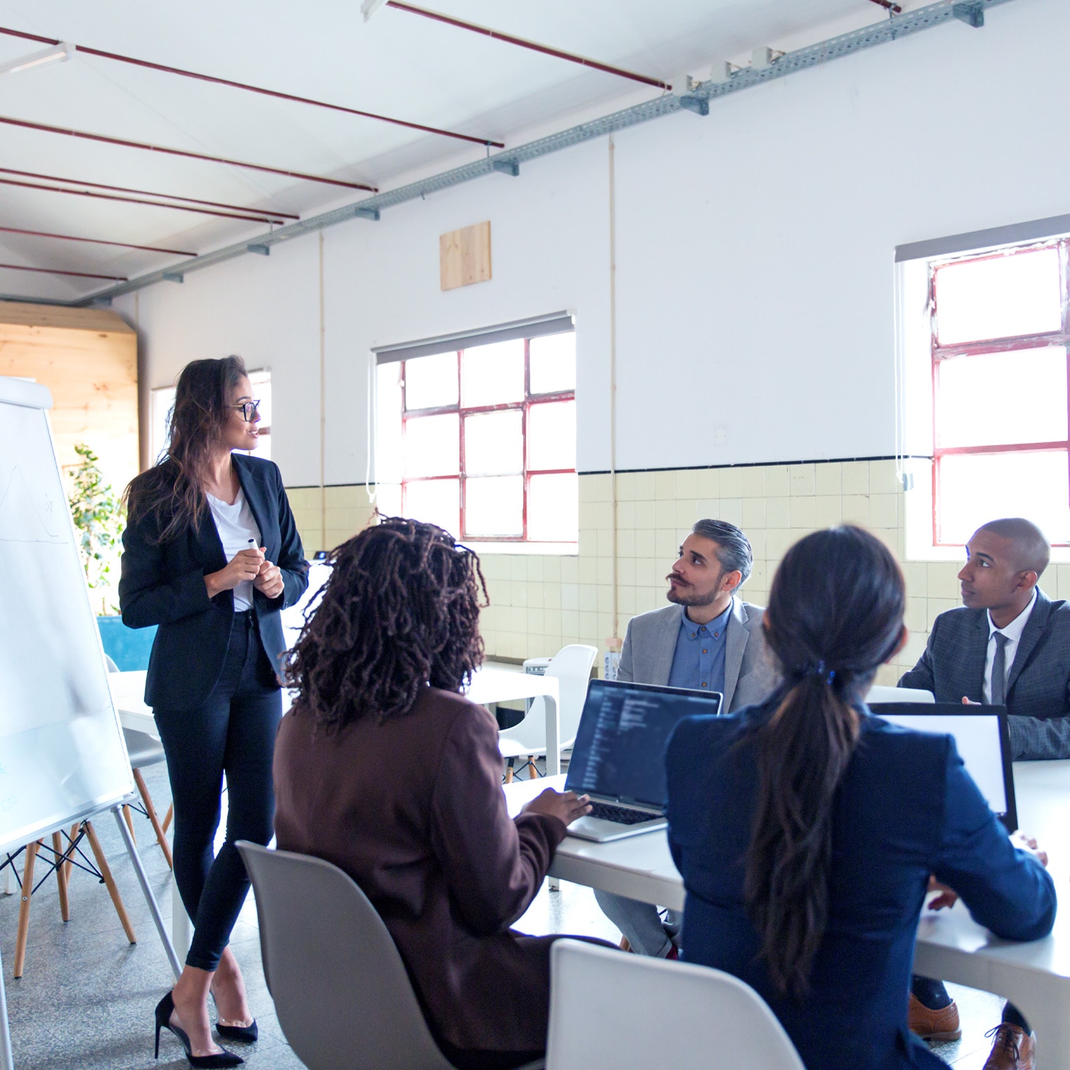 Confident female business trainer working with employees