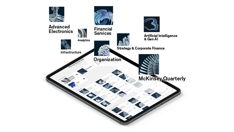 iPad illustration shows topics available on the app, including McKinsey Quarterly and Artificial Intelligence