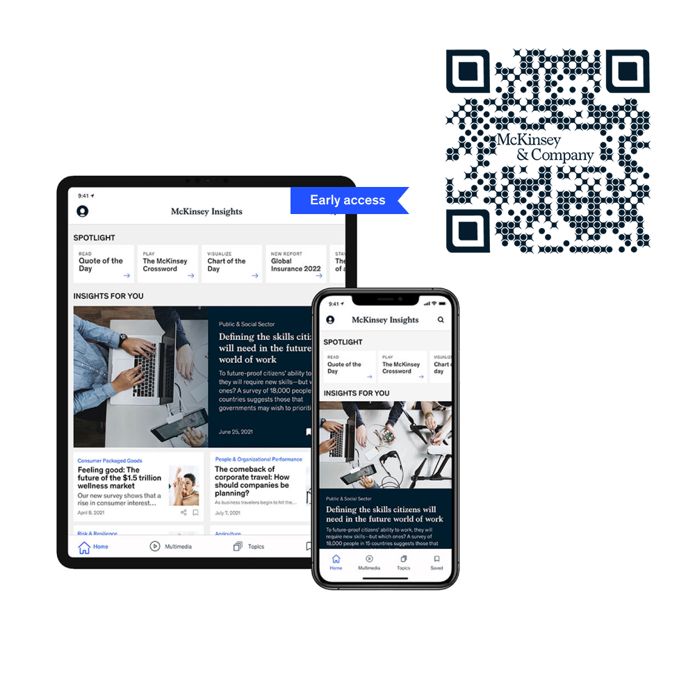 A scannable QR code appears next to an iPhone and an iPad, which have the McKinsey Insights app installed.