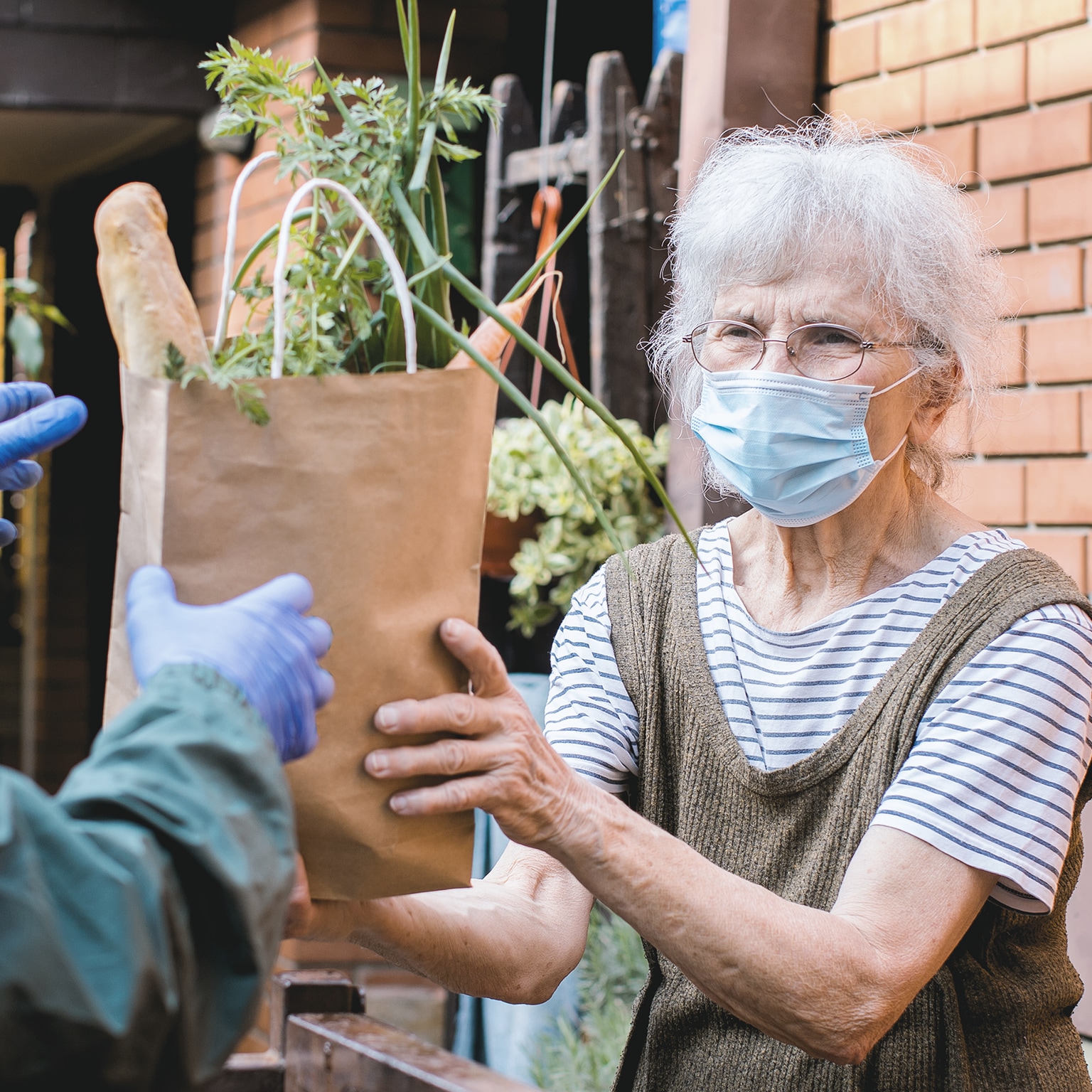 Elderly woman being handed a bag of groceries