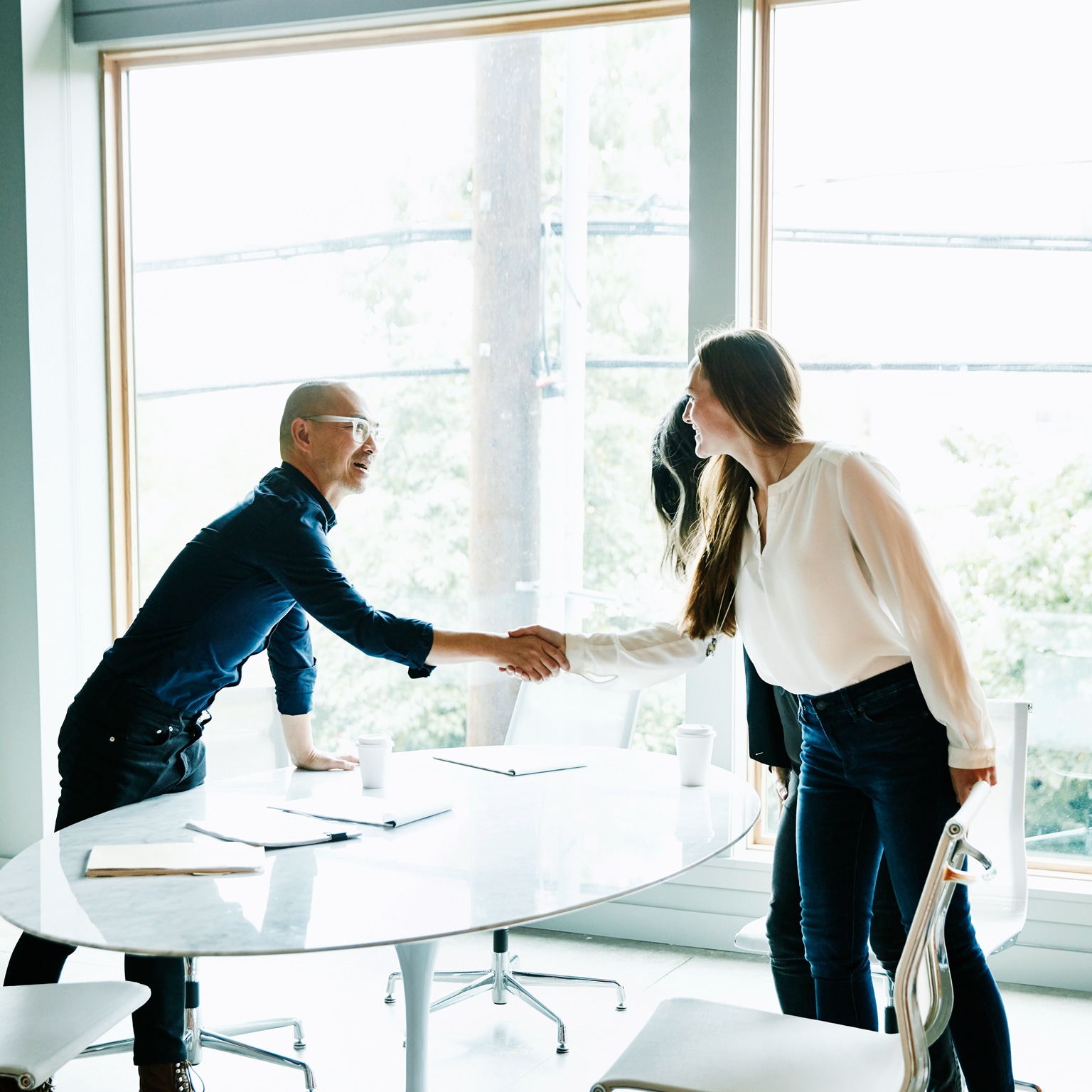 Businesswoman shaking hands with client before meeting