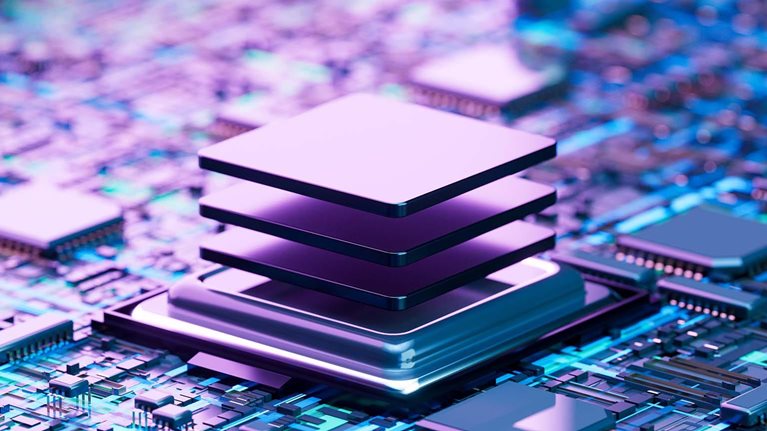 This image depicts advanced semiconductor packaging technology, where multiple chip dies are stacked to enhance performance. Such integrated stacking architectures are critical for accelerating machine learning and AI workloads.