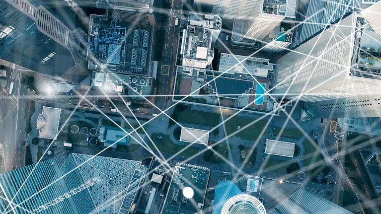 Aerial view of Singapore Skyline with network connections.