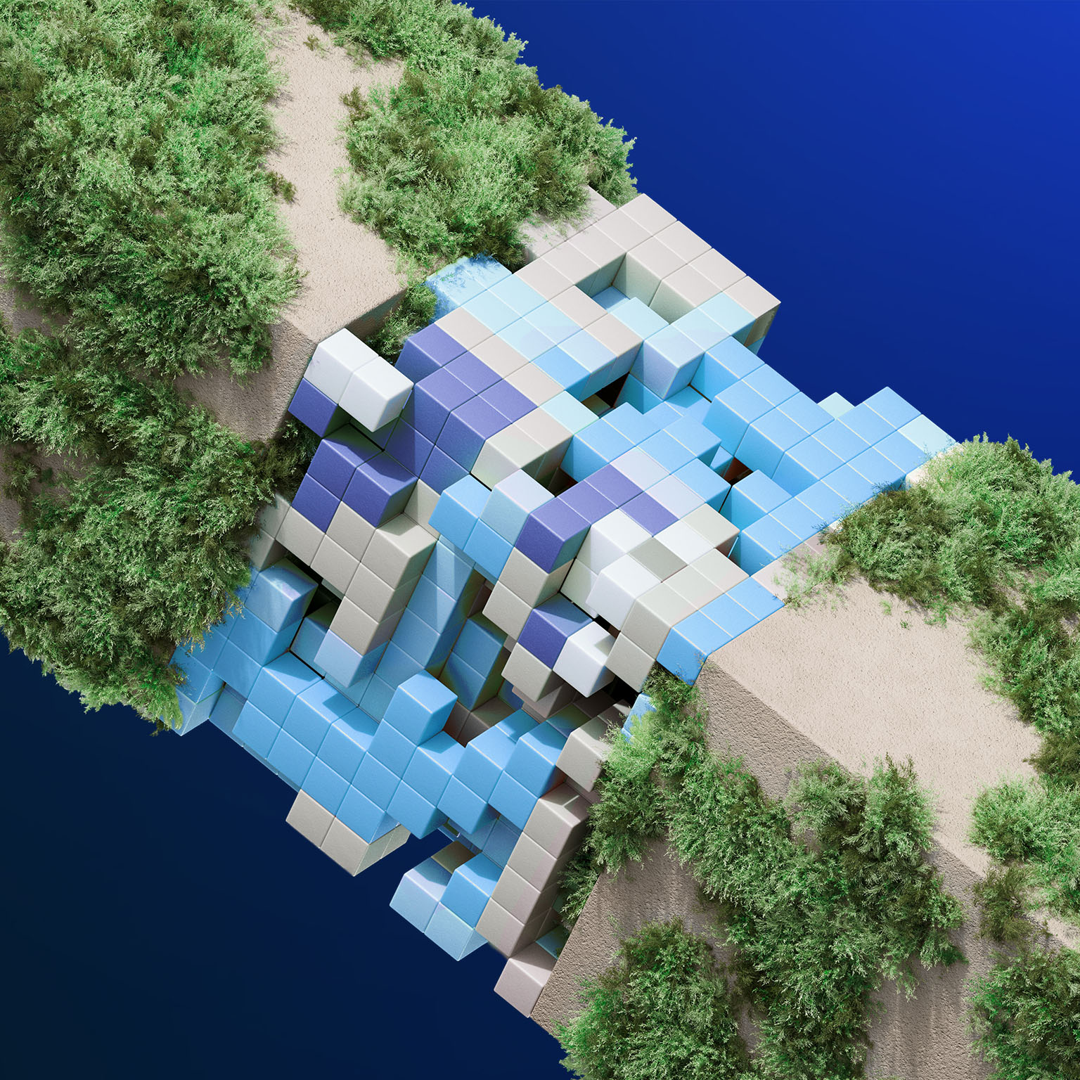 The fusion of cubes and moss can be interpreted as the integration of technology with nature. This concept could explore the ways in which digital and technological advancements can work hand-in-hand with natural ecosystems for the future of sustainability.