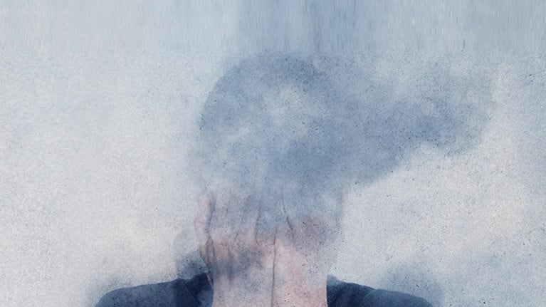 illustration woman covering face with hands, blurred dust swirling around head