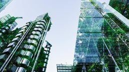 Double exposure of trees and buildings - stock photo