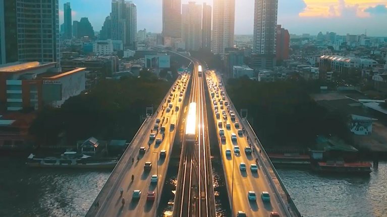 Aerial view of Bangkok at sunset stock video still