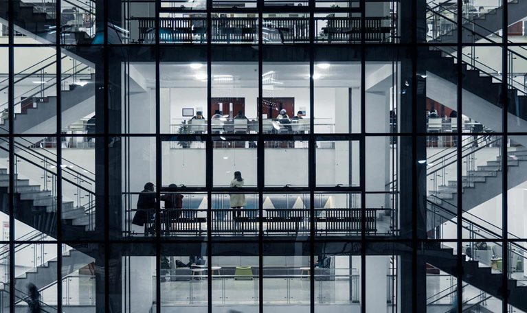 Group of People Walking on Stairs Movement of People in Office Building Zone