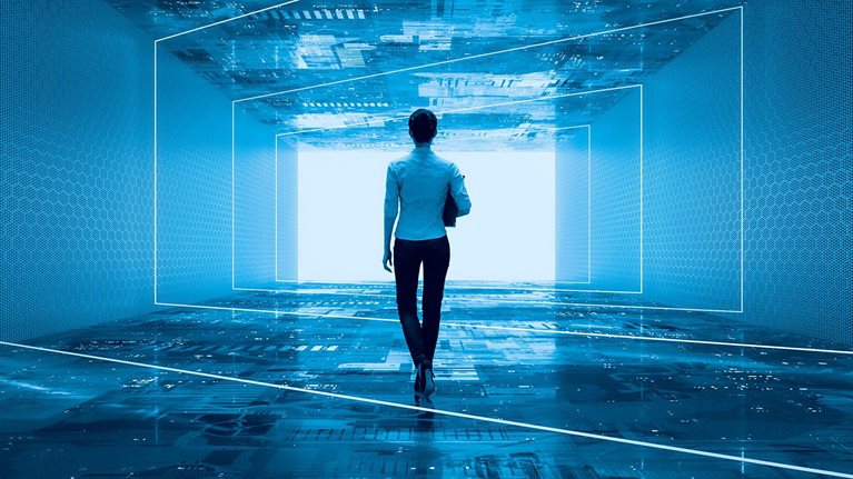 Businesswoman walking in VR environment - stock photo