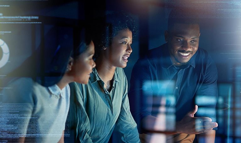 Overlay, futuristic and programmer team coding a future app, website or web on the internet online at night in an office, planning for innovation - stock photo