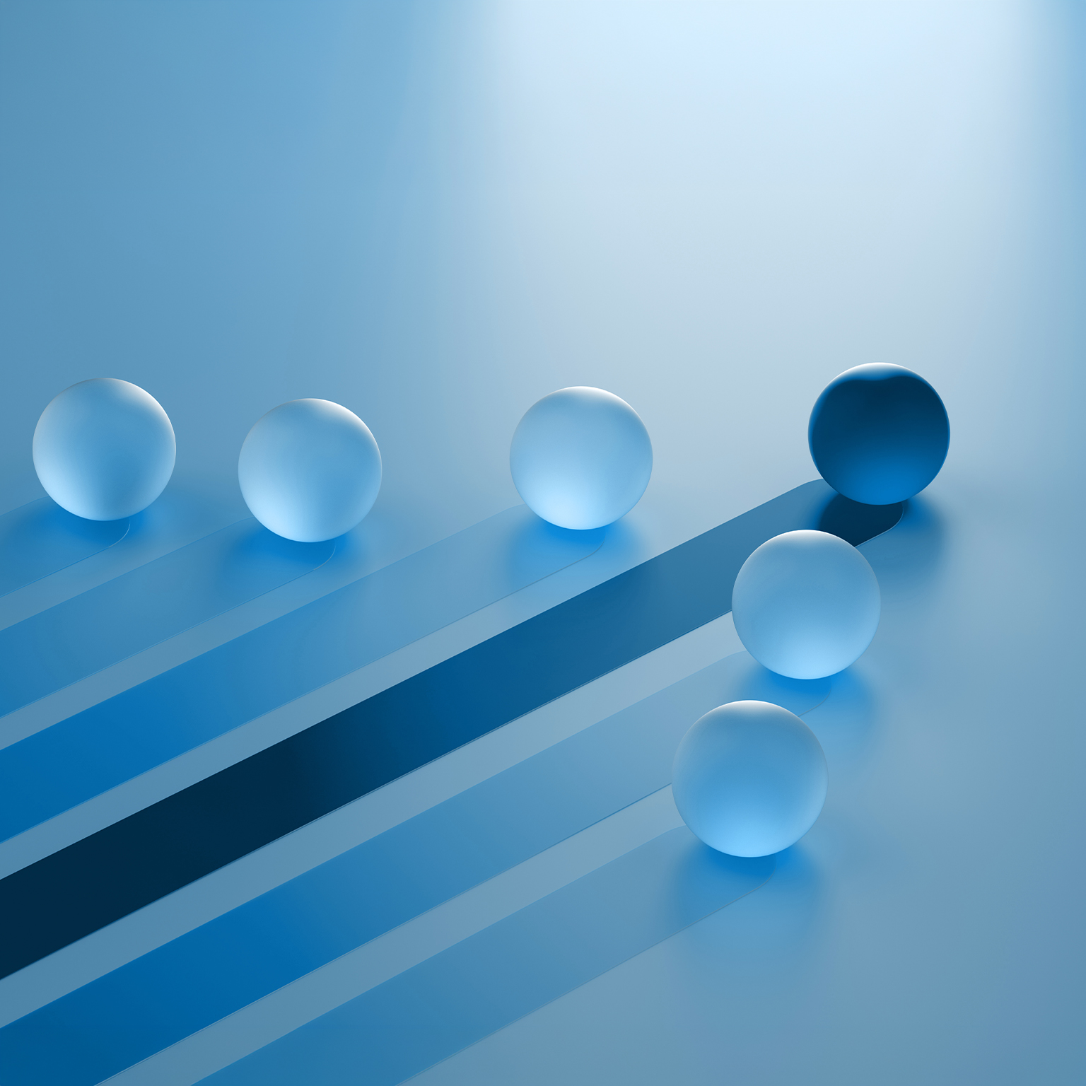 The image is an abstract 3D render showing translucent blue spheres on a light blue surface, with one darker blue sphere standing out. Winning Strategy, Efficiency, Innovation, Success in Business Concept, Teamwork and Leadership.
