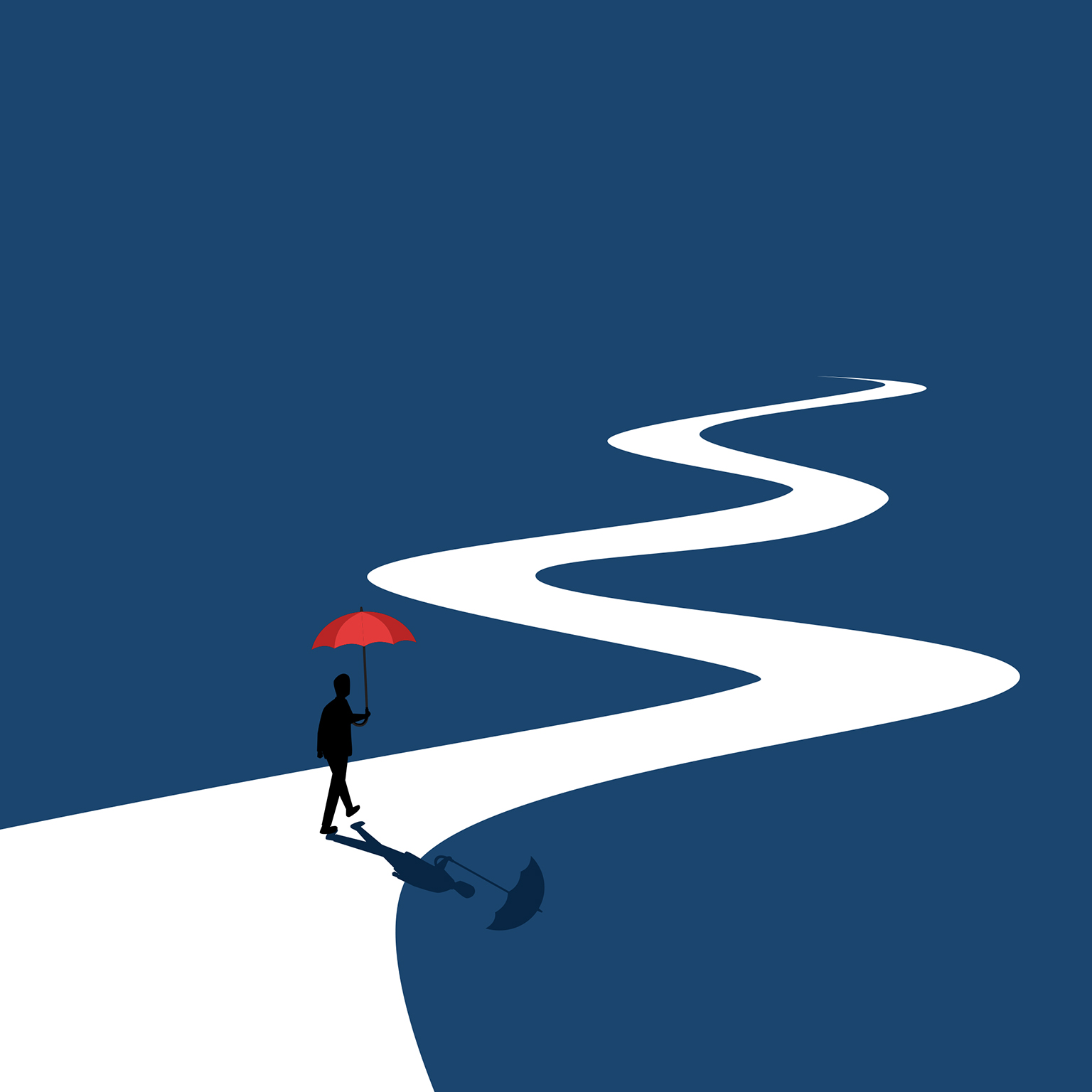 Businessman walks along a long, winding road holding an umbrella.