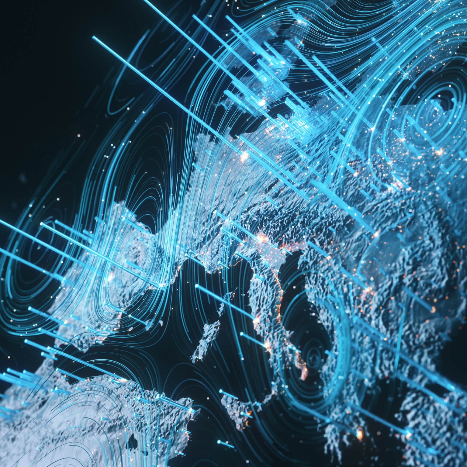 Conceptual visualization of global data flow or network connections, likely representing complex systems. It illustrates data movement across the European continent and surrounding areas.