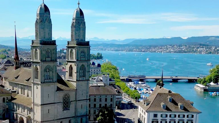  Aerial view of Zurich, Switzerland, with the Grossmünster cathedral and Lake Zurich