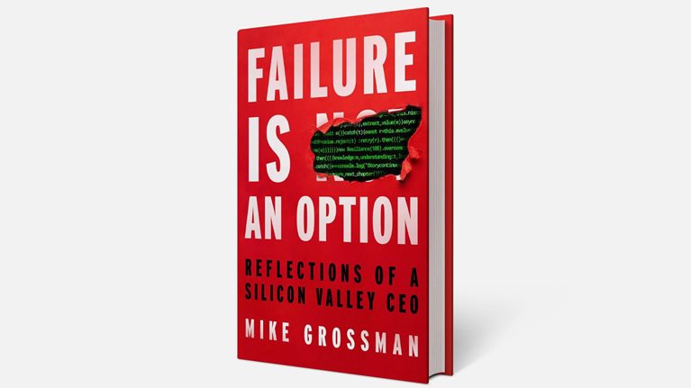 A red book titled “Failure Is an Option” by Mike Grossman is shown standing upright against a light gray background. The cover uses bold white and black typography, with a torn section revealing green code-like text underneath.