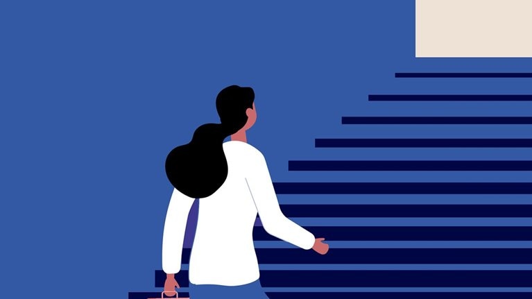 Female career growth vector concept of a businesswoman walking up stairs