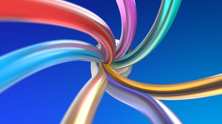 Twisted multicolored wires with the twist opening up towards the viewer.