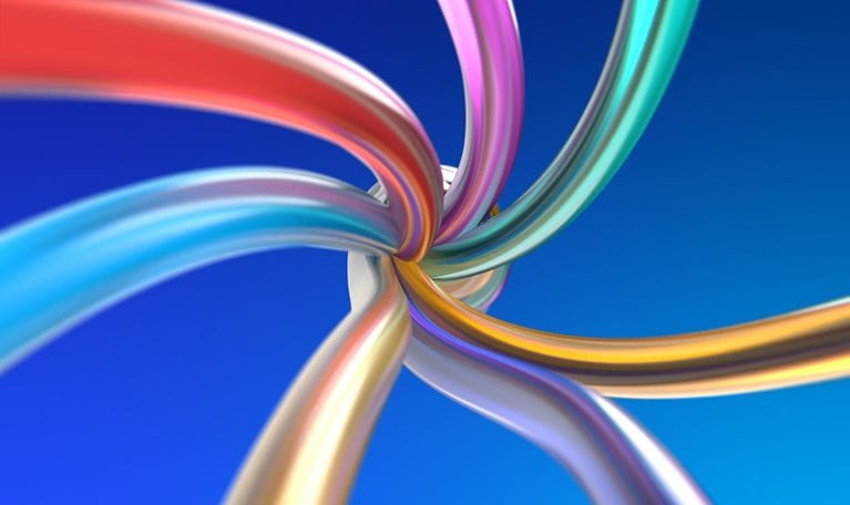 Twisted multicolored wires with the twist opening up towards the viewer.