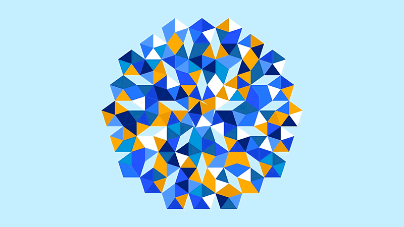 An animated pentagon shaped mosaic sits against a pale blue background. It is made of smaller blue, white, and orange triangular facets that rotate to reveal shifting patterns.