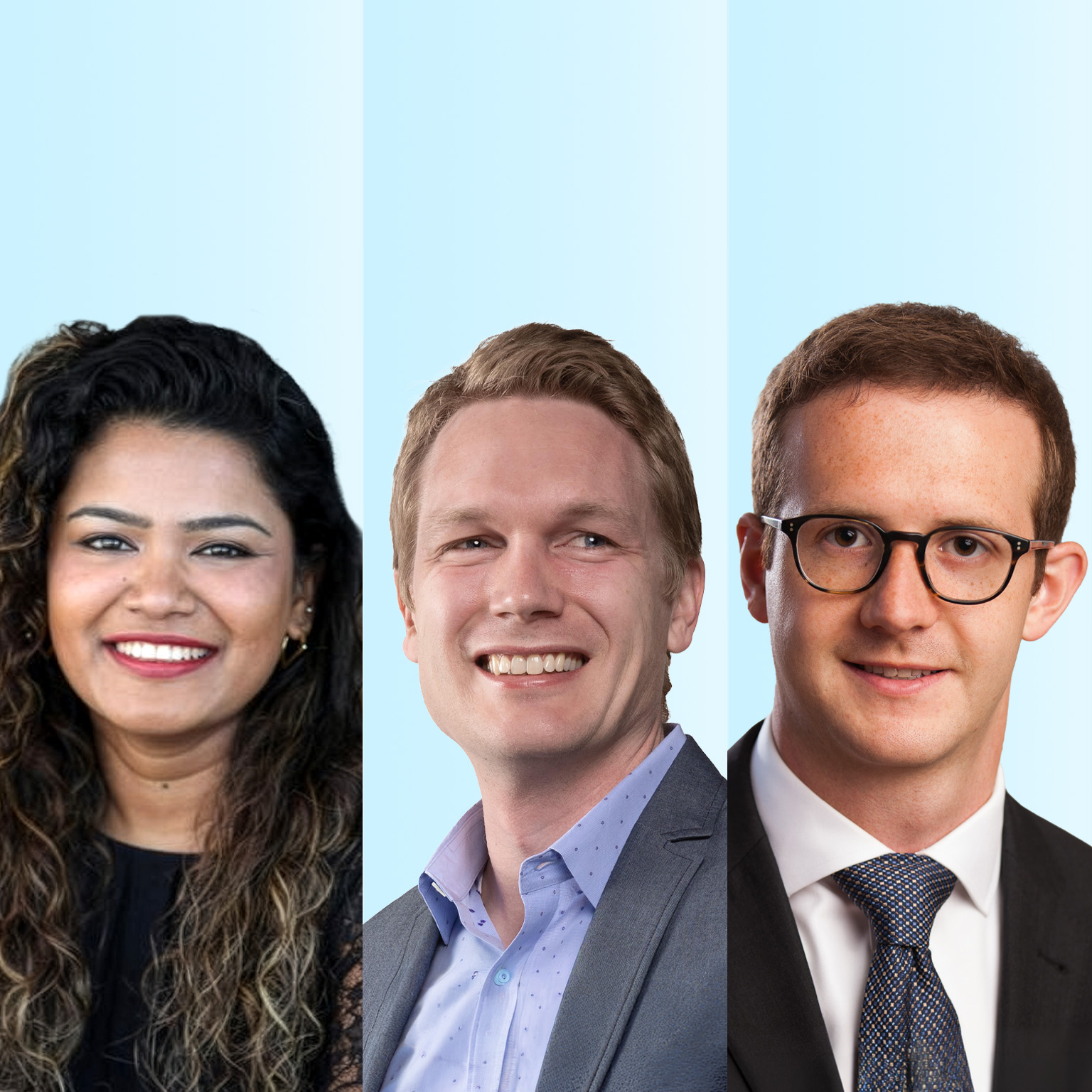 Professional headshots of Janaki Palaniappan, Martin Harrysson, and Matt Linderman arranged side by side against a light blue background.