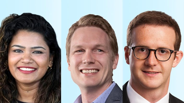 Professional headshots of Janaki Palaniappan, Martin Harrysson, and Matt Linderman arranged side by side against a light blue background.