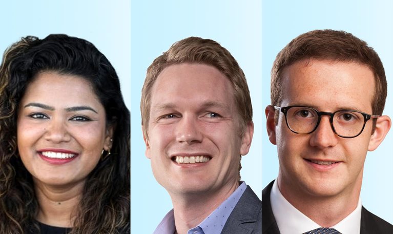 Professional headshots of Janaki Palaniappan, Martin Harrysson, and Matt Linderman arranged side by side against a light blue background.