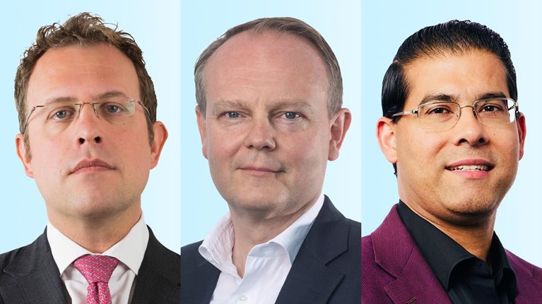 Professional headshots of Andrea Del Miglio, Klemens Hjartar, and Saptarshi Ganguly arranged side by side against a light blue background. The men are smiling lightly and dressed in business jackets and collard shirts.