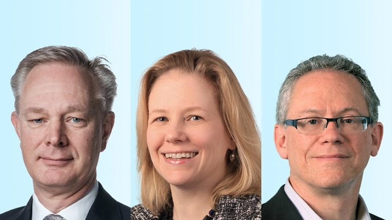 A tryptic of portraits featuring Marc Goedhart, Susan Nolen Foushee and Tim Koller. They are professionally dressed and set against a light blue background.