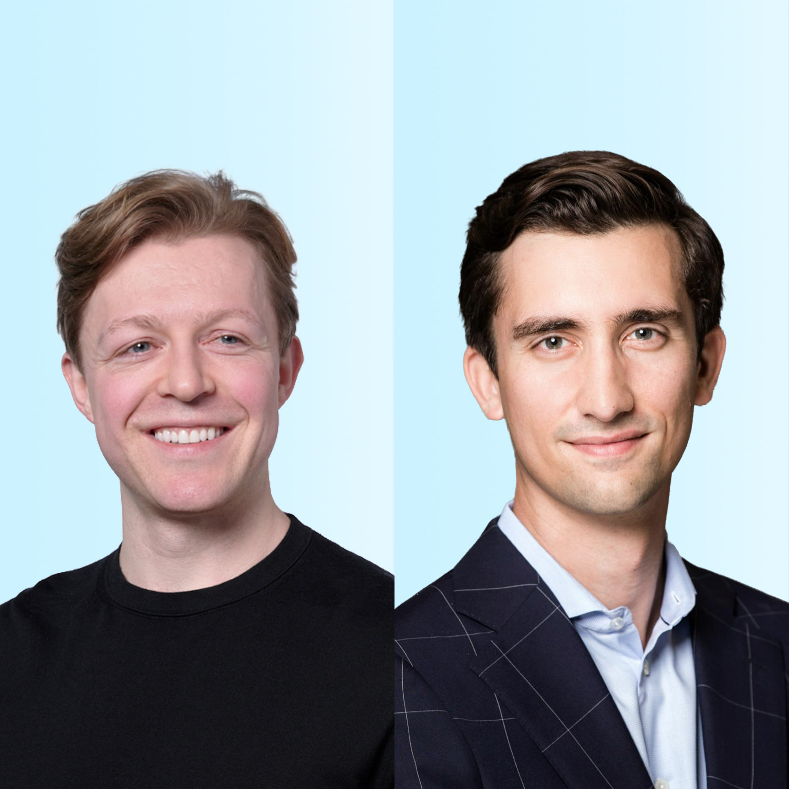 Side by side professional headshots of Jamie Vickers and Alec Wrubel against a light blue background.