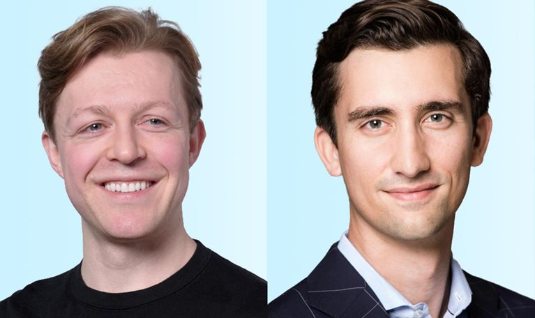 Side by side professional headshots of Jamie Vickers and Alec Wrubel against a light blue background.