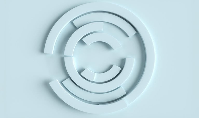 Circular, white maze filled with white semicircles.