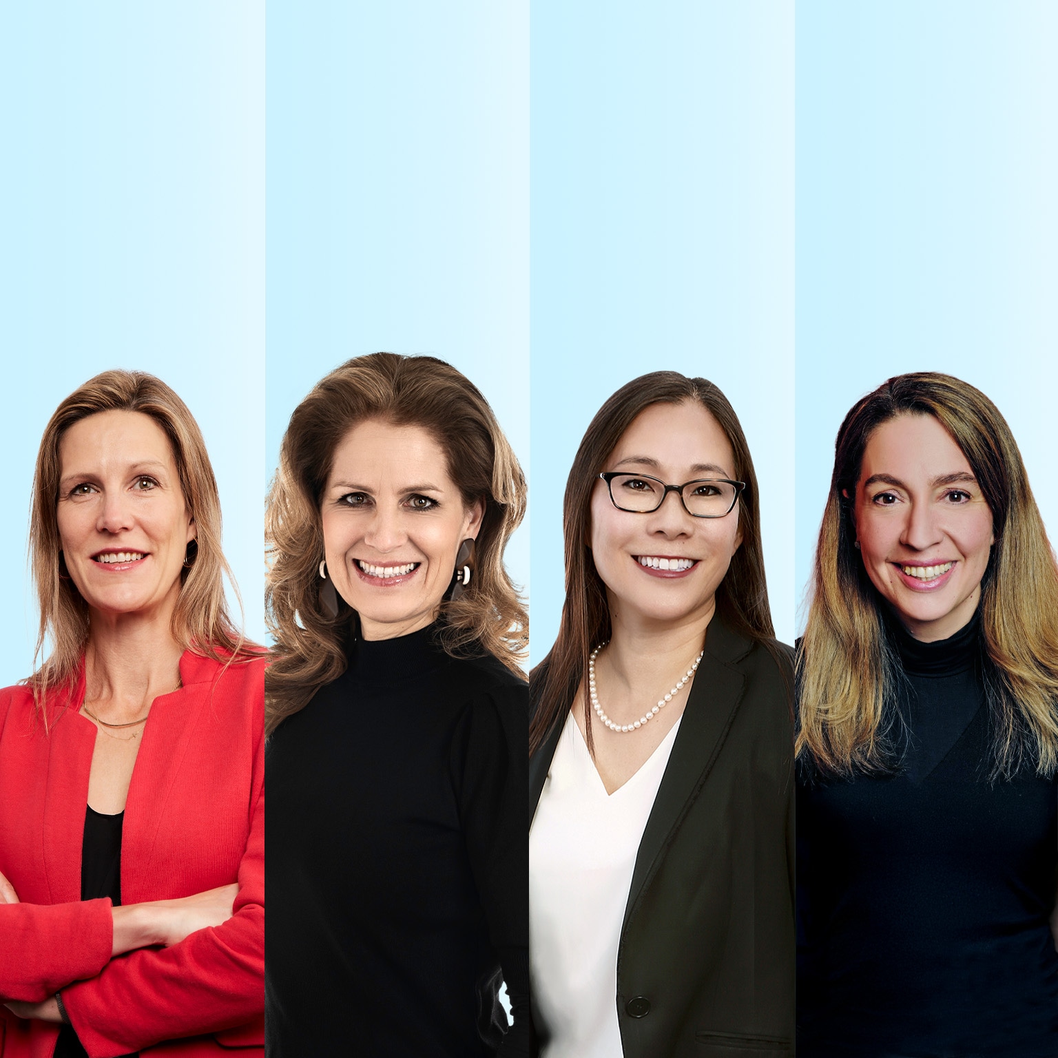 A polyptych with professional head-and-shoulders portraits of  Lucy Pérez, Kana Enomoto, Jacqueline Brassey, and Erica Coe arranged side by side against a light blue background. Each woman is facing the camera and smiling, wearing business or business-casual attire, giving the overall impression of a polished, corporate-style team photo.
