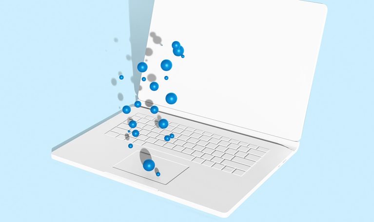 3D illustration of laptop with blue bubbles coming out