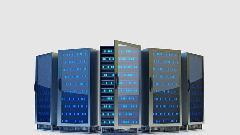 Five dark gray commercial server racks illuminated with blue lights. The central rack has its front door open, revealing the hardware inside.