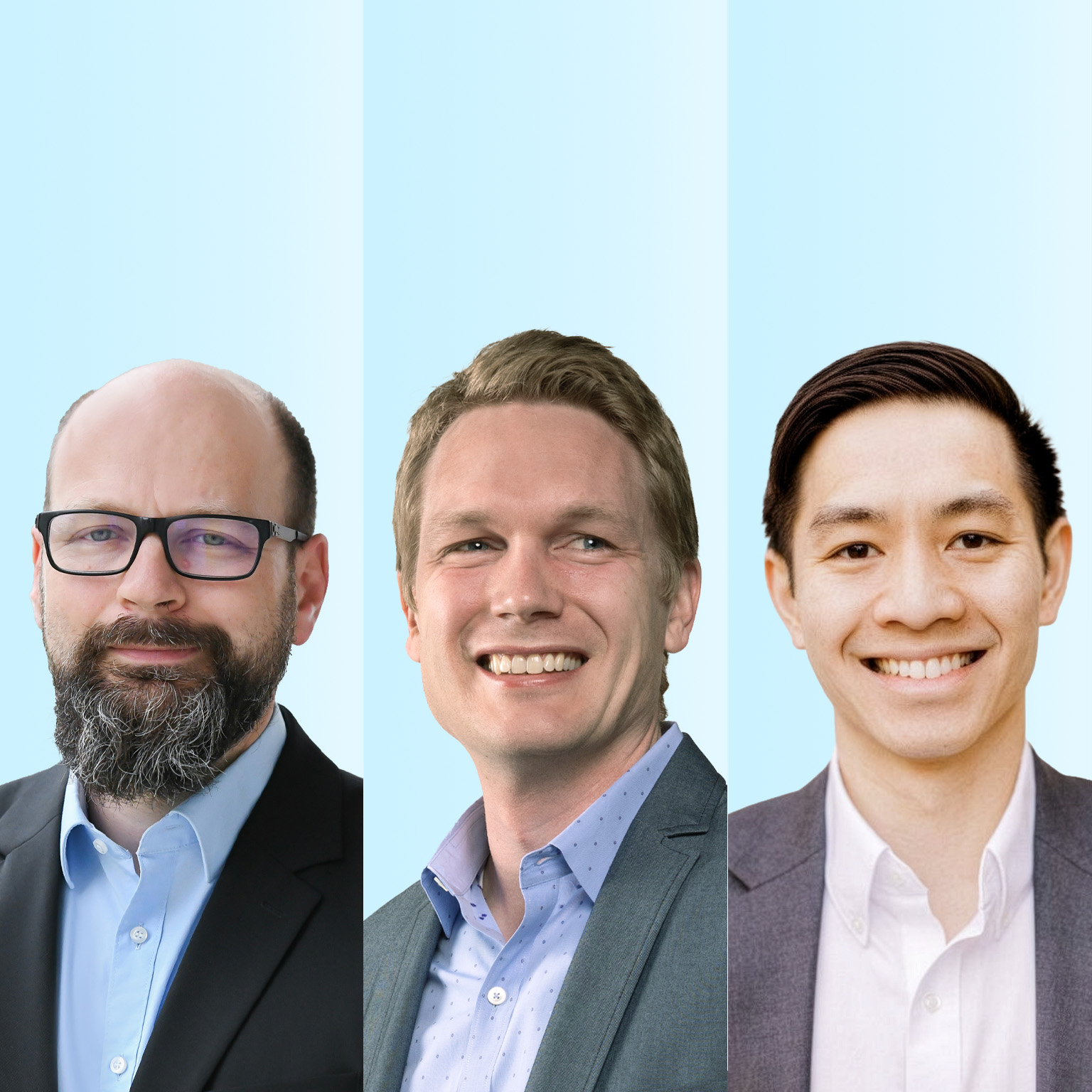 Three side-by-side headshots show Holger Hürtgen, Martin Harrysson, and Nick Robson wearing suit jackets against a light blue background. 