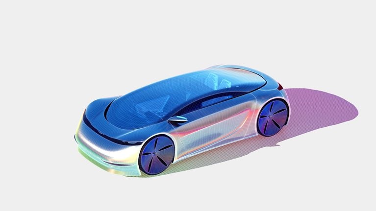 A sleek, metallic car with a glass rooftop is depicted in a 3D image against a gray backdrop, giving off a futuristic vibe.