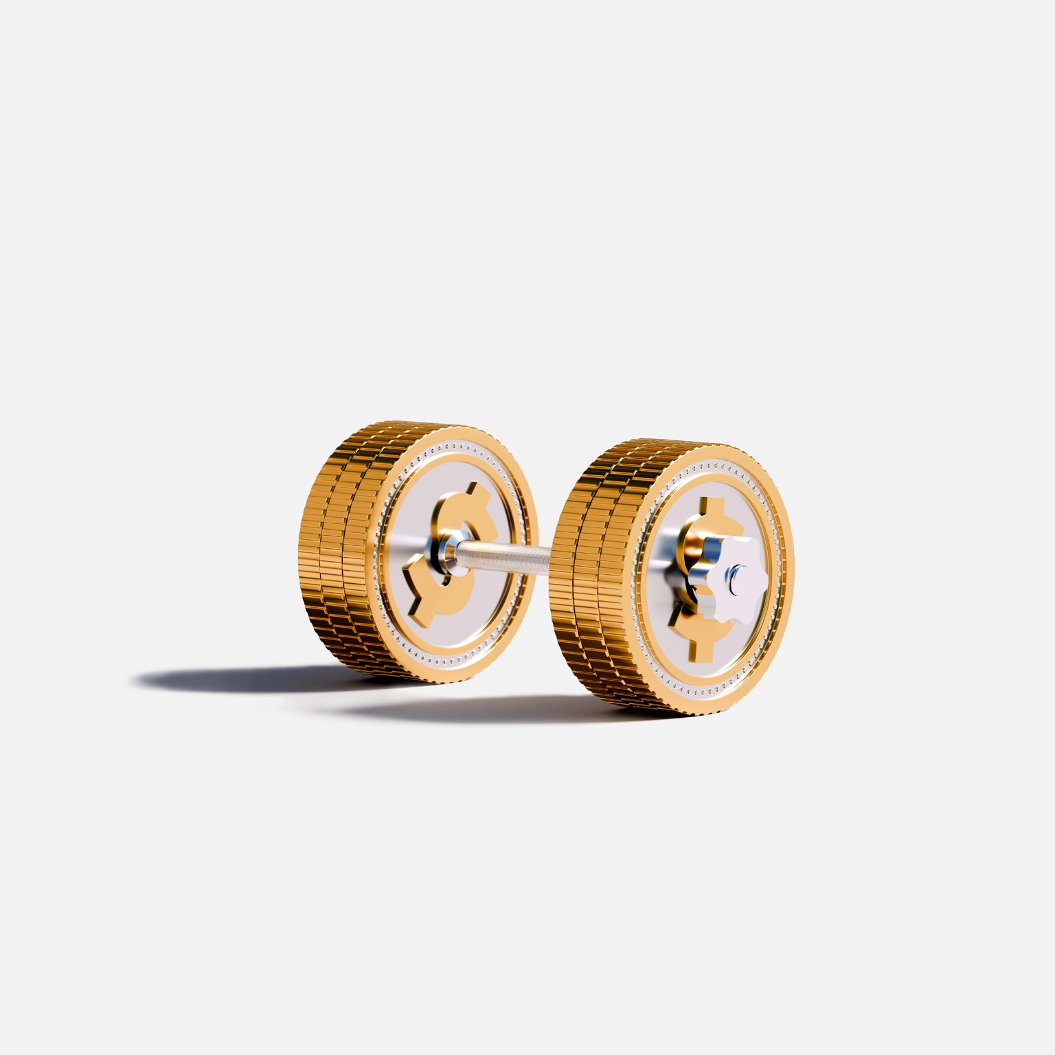 A dumbbell made from stacks of gold coins with dollar signs on the flat center plates.