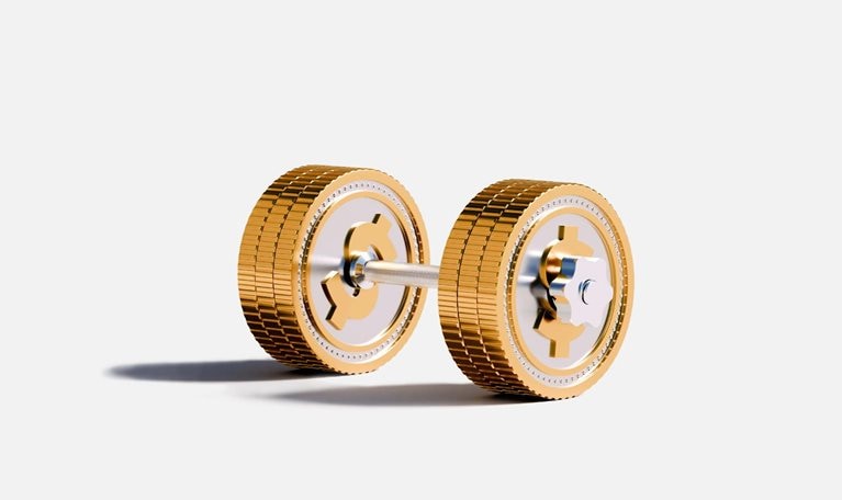 A dumbbell made from stacks of gold coins with dollar signs on the flat center plates.