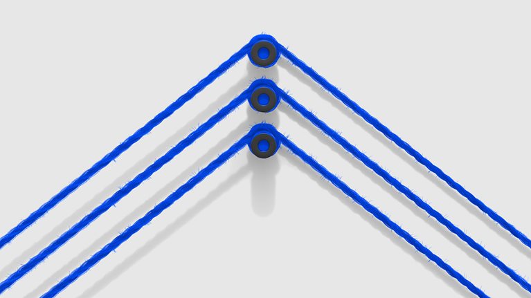 Three blue strings cross over a peg at the center of the frame, creating an arrow-like shape pointing upward.