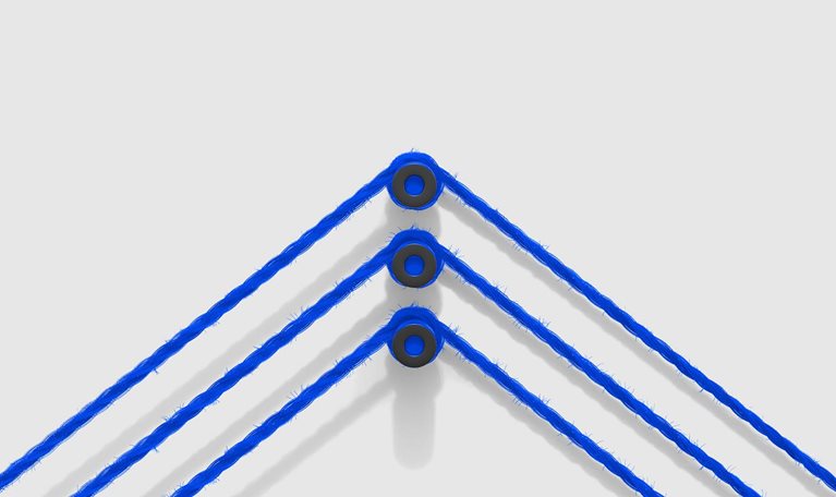 Three blue strings cross over a peg at the center of the frame, creating an arrow-like shape pointing upward.
