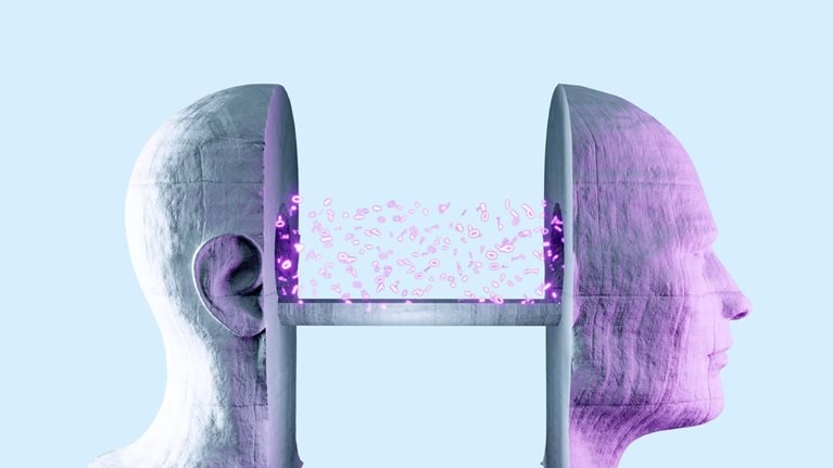 A profile of a 3d head made of concrete that is sliced in half creating two separate parts. Pink neon binary numbers travel from one half of the a head to the other by a stone bridge that connects the two parts.