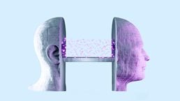 A profile of a 3d head made of concrete that is sliced in half creating two separate parts. Pink neon binary numbers travel from one half of the a head to the other by a stone bridge that connects the two parts.